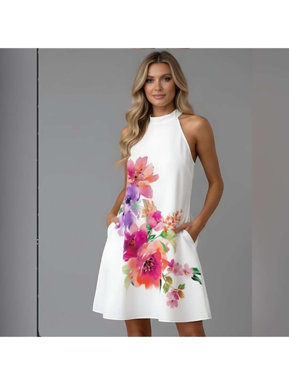 Boho Floral Print A-Line Halterneck Dress White